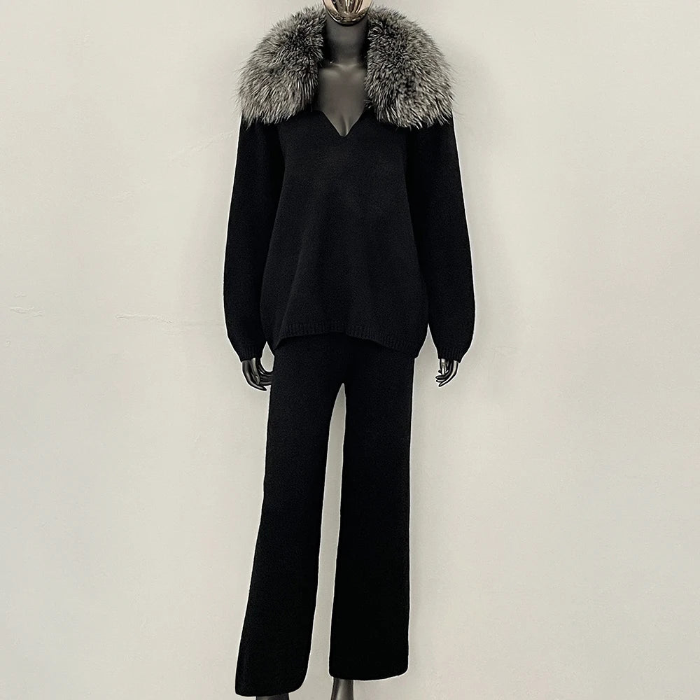 OFTBUY New Women's Knit Two Piece Set with Real Fox Fur Collar Loose Pants Warm Winter Elegant Casual Outfit Sweater Female