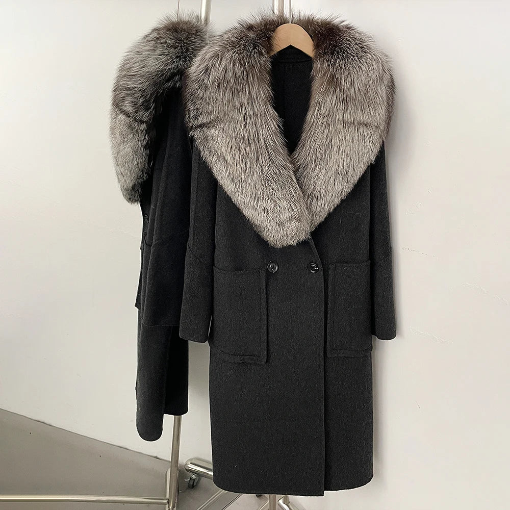 OFTBUY Double Breasted Pockets Long Luxury Warm Winter Outerwear New Women's Double-Faced Wool Coat with Real Fox Fur Collar