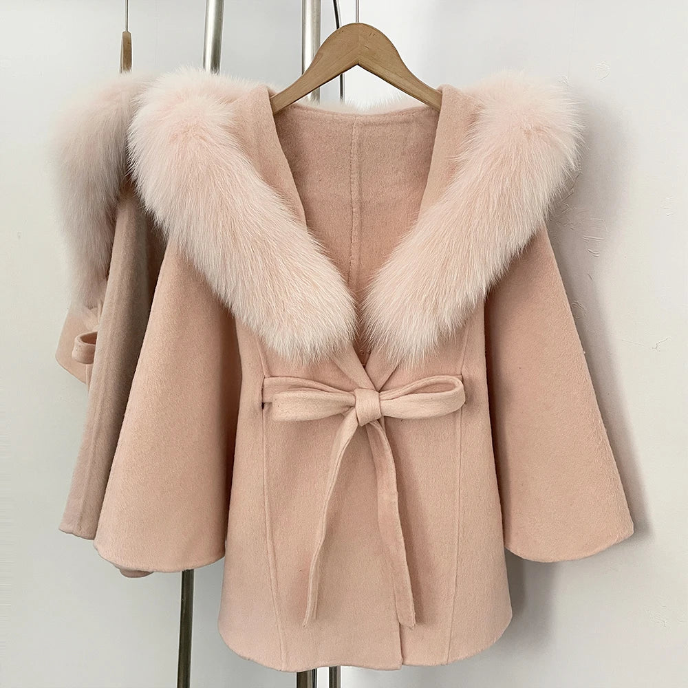 OFTBUY New Autumn Winter Wool Clothing Women Belt Hooded Real Fox Fur Cape Coat Female Fashion Warm Woolen Natural Fur Jacket