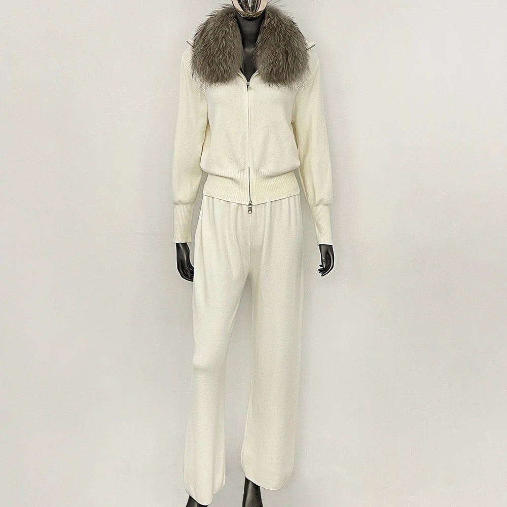 OFTBUY Winter New Women's Knitted Tracksuit Set with Fox Fur Collar Zipper Jacket Wide Leg Pants Luxury Casual Two-Piece Outfit