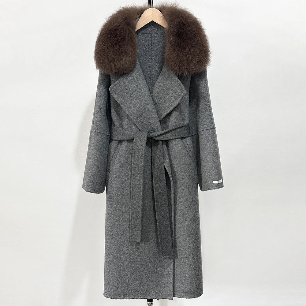 OFTBUY New Autumn Winter Long Clothing Women Fashion Warm Wool Coat with Real Fox Fur Collar Belt Elegant Woolen Jcacket Female