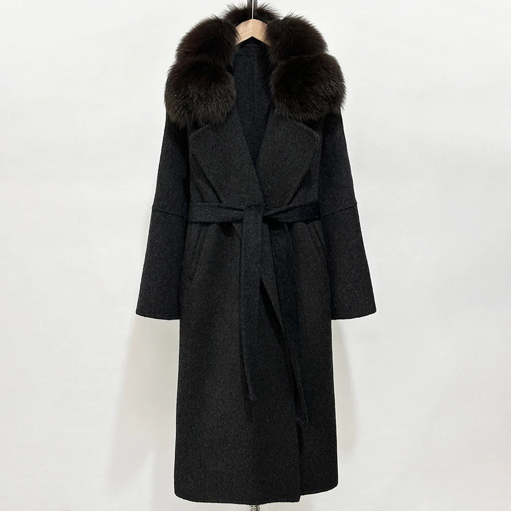 OFTBUY Belted Long Warm Winter Elegant Fashion Outerwear New Women's Double-Faced Wool Coat with Real Fox Fur Collar