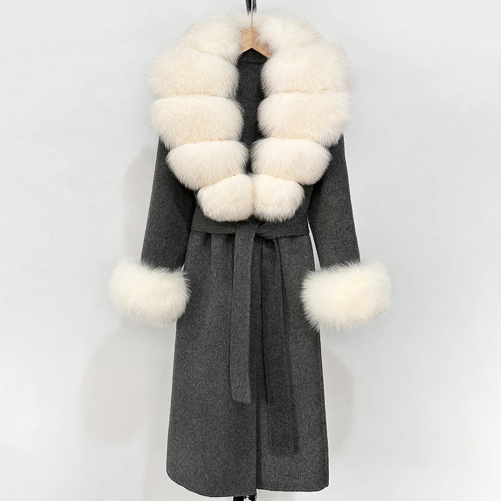 OFTBUY Fashion Warm Woolen Jacket with Real Fox Fur Collar and Cuffs New Autumn Winter Wool Clothing Women Long Belt Outerwear