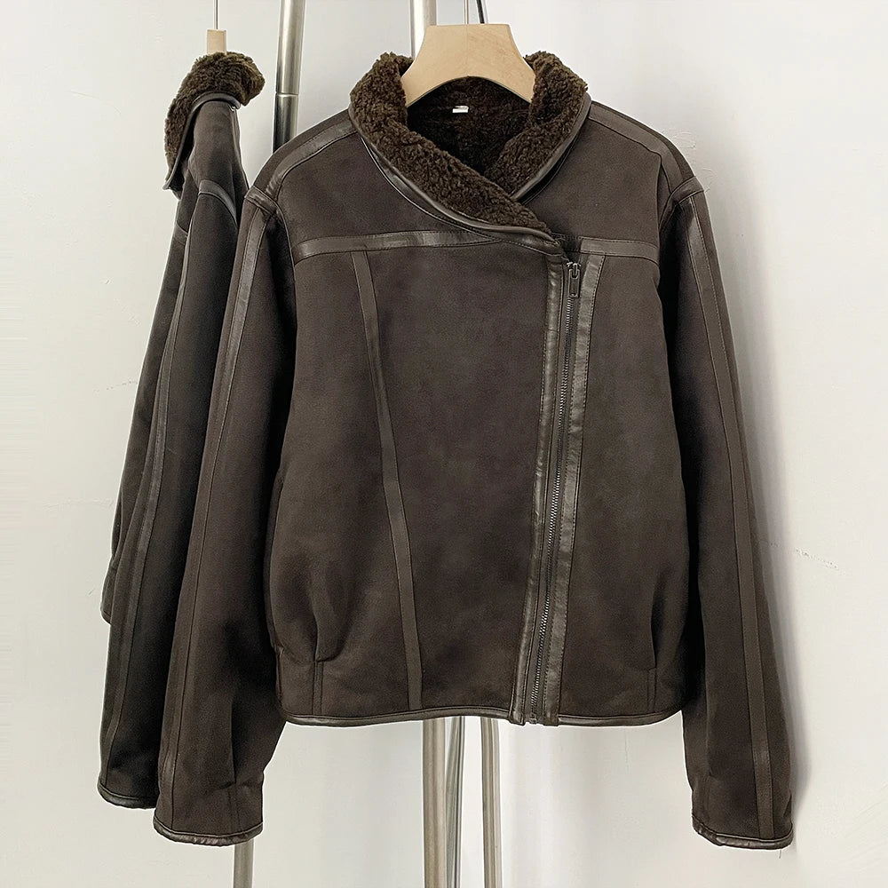 OFTBUY New Women's Faux Suede Shearling Jacket Female Zipper Lapel Collar Warm Autumn Winter Biker Coat Fashion Casual Outerwear