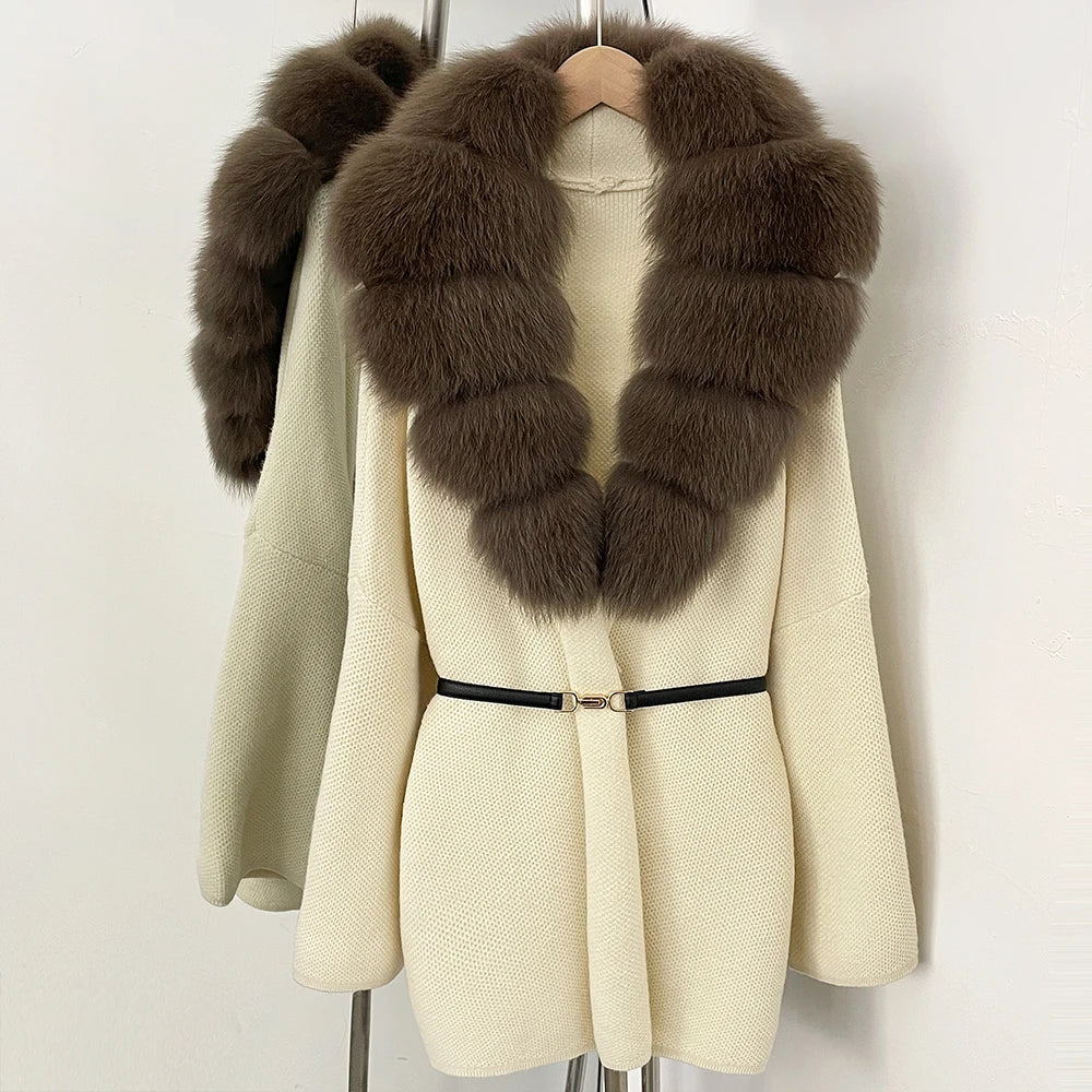 OFTBUY New Autumn Winter Luxury Fashion Outerwear Lady Women's Knit Coat with Large Real Fox Fur Collar Belt Textured Knit Warm