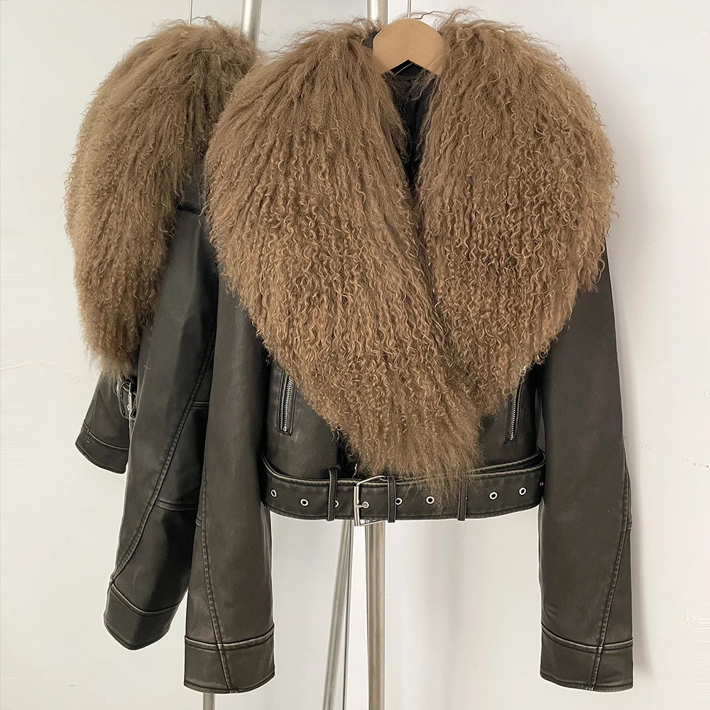 OFTBUY New Autumn Winter Clothes Women Fashion Warm Short Faux Leather Jacket Female Luxury Real Mongolia Sheep Fur Collar Coat