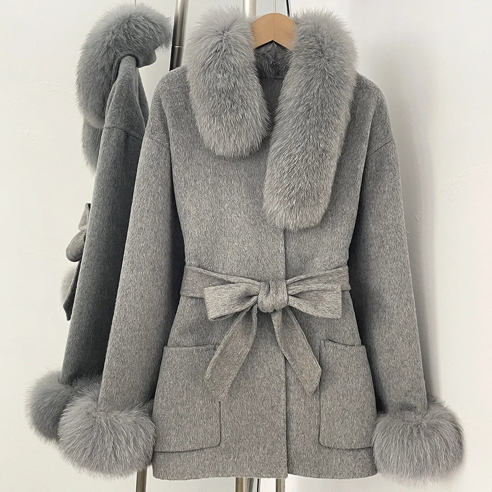 OFTBUY New Women's Wool Coat with Real Fox Fur Collar Cuffs Belted Bow Pockets Warm Winter Elegant Fashion Outerwear Female