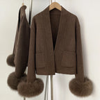 OFTBUY Elegant Warm Outerwear Women's Luxury Double-Faced Wool Jacket Winter Open Front Pocket Real Fox Fur Cuffs Woolen Coat