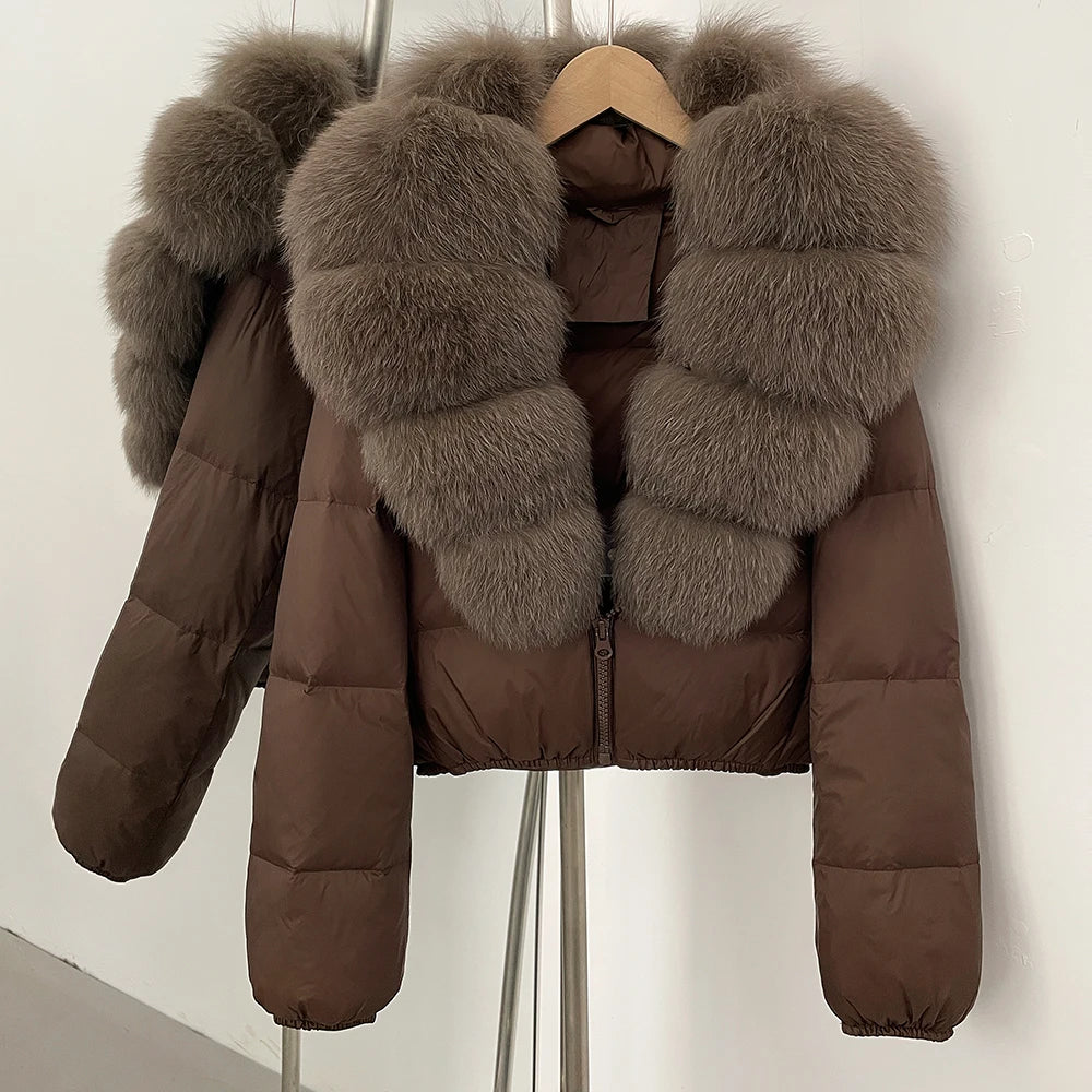 OFTBUY New Puffer Jacket Women with Large Natural Fox Fur Collar Short Fluffy Thick Parkas Female 90% White Duck Down Coat Lady