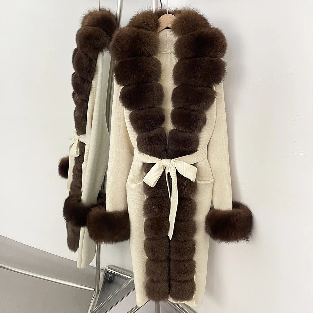 OFTBUY Cardigan Sweater New Women's Knit Long Coat with Full Real Fox Fur Belted Pockets Warm Winter Elegant Fashion Outerwear
