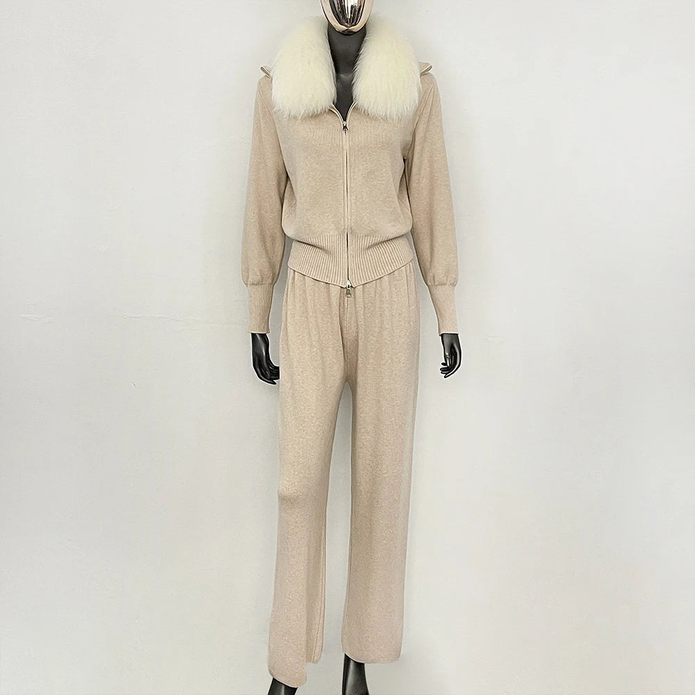 OFTBUY Winter New Women's Knitted Tracksuit Set with Fox Fur Collar Zipper Jacket Wide Leg Pants Luxury Casual Two-Piece Outfit