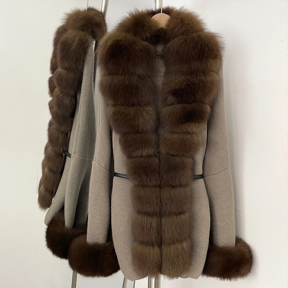 OFTBUY Belt Textured Knit Warm Winter Luxury Outerwear Female Sweater Cardigan New Women's Knit Coat with Large Real Fox Fur
