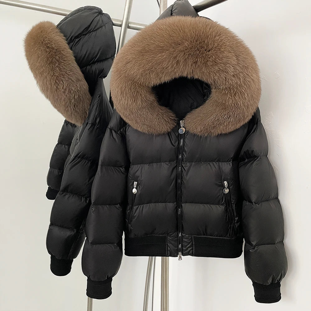 OFTBUY Big Natural Raccoon Fur Fluffy Puffer Jacket Women Knit Cuff Real Fur Collar White Duck Down Coat New Winter Top Clothes