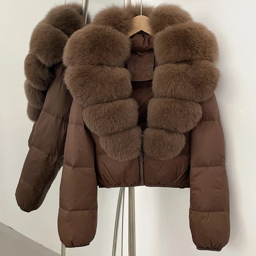 OFTBUY New Puffer Jacket Women with Large Natural Fox Fur Collar Short Fluffy Thick Parkas Female 90% White Duck Down Coat Lady