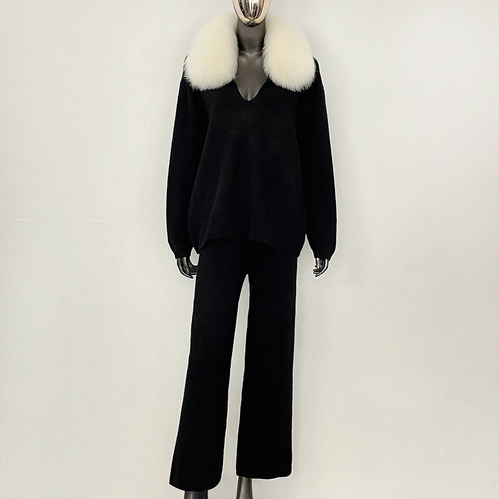 OFTBUY New Women's Knit Two Piece Set with Real Fox Fur Collar Loose Pants Warm Winter Elegant Casual Outfit Sweater Female