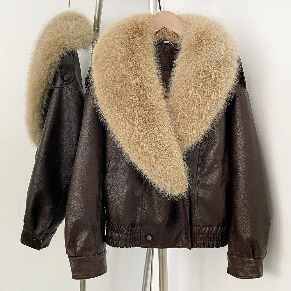OFTBUY Stylish Fur Patchwork Leather Jacket Women Detachable Collar Breasted Waist Closed Coat Female Spring Winter Lady Outwear