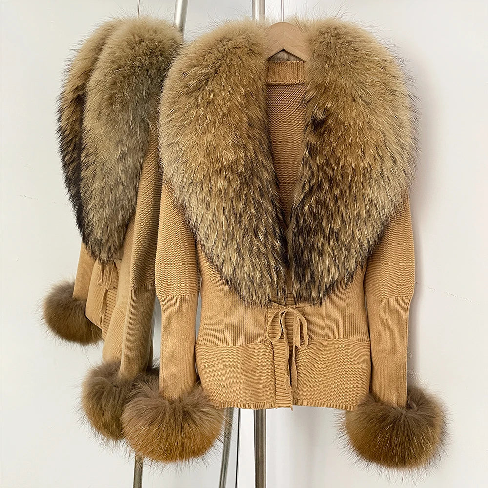 OFTBUY New Autumn Winter Knit Cardigan Women Fashion Warm Clothes with Real Fox Fur Luxury Natural Fur Sweater Jacket Female