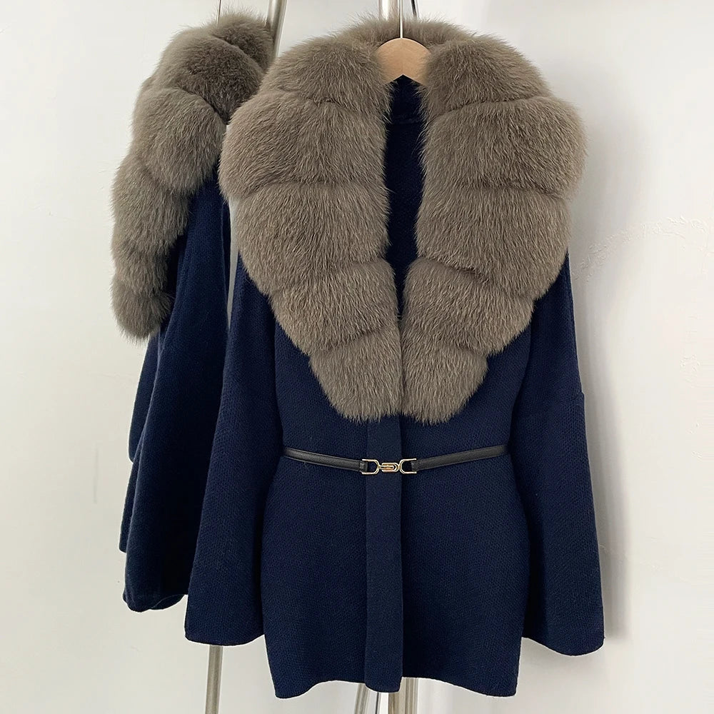 OFTBUY New Autumn Winter Luxury Fashion Outerwear Lady Women's Knit Coat with Large Real Fox Fur Collar Belt Textured Knit Warm