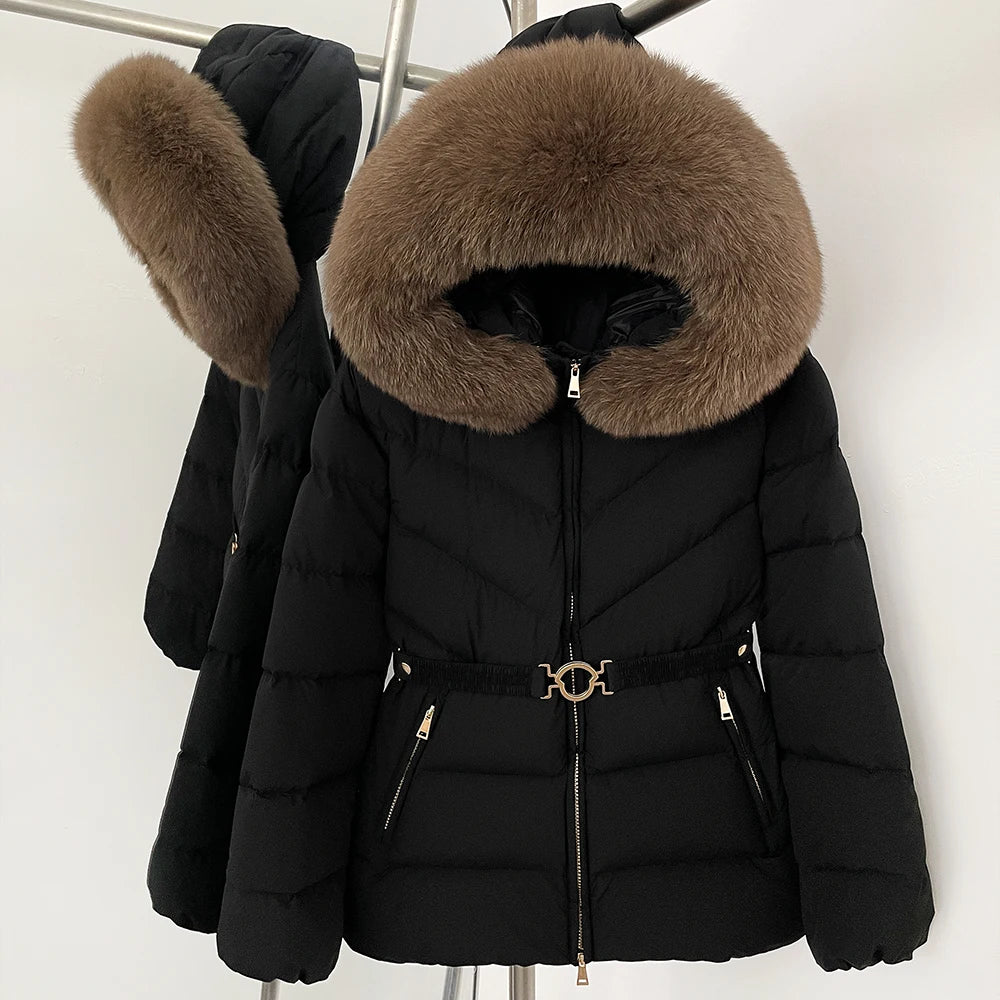 OFTBUY Belt Slim Hooded Real Fox Fur Collar Jacket Female New Winter Top Clothing Women Thickened Warm Raccoon Fur Fluffy Coat