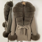 OFTBUY Belted Waist Striped Texture Pockets New Women's Knit Coat with Large Real Fox Fur Collar Winter Luxury Elegant Outerwear