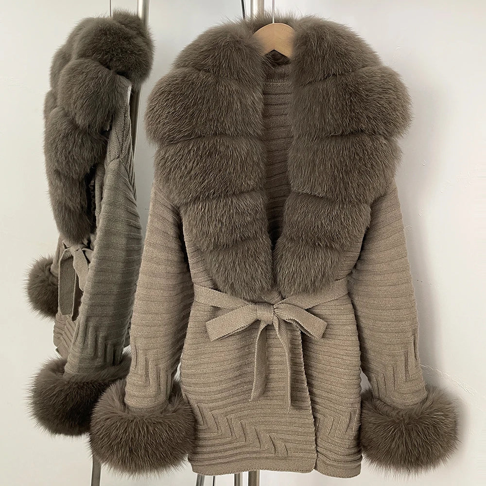 OFTBUY Belted Waist Striped Texture Pockets New Women's Knit Coat with Large Real Fox Fur Collar Winter Luxury Elegant Outerwear