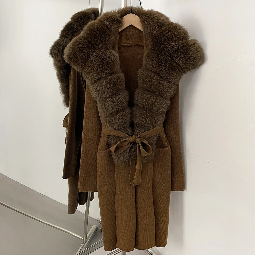 OFTBUY New Natural Fur Collar Long Knit Jacket Women Atrumn Winter Top Clothing Female Fashion Warm Belt Real Fox Fur Cardigan