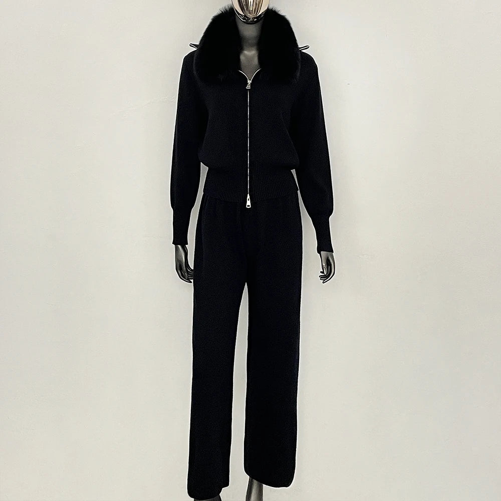 OFTBUY Winter New Women's Knitted Tracksuit Set with Fox Fur Collar Zipper Jacket Wide Leg Pants Luxury Casual Two-Piece Outfit