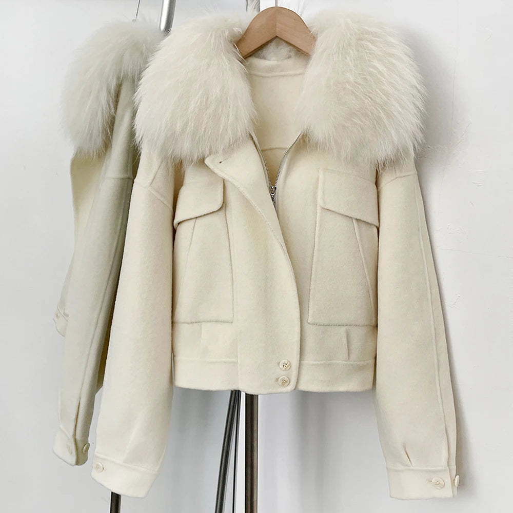 OFTBUY Short 100% Wool Coat Fahsion New Autumn Winter Real Fox Fur Top Clothes Women Natural Fur Cashmere Woolen Jacket Female