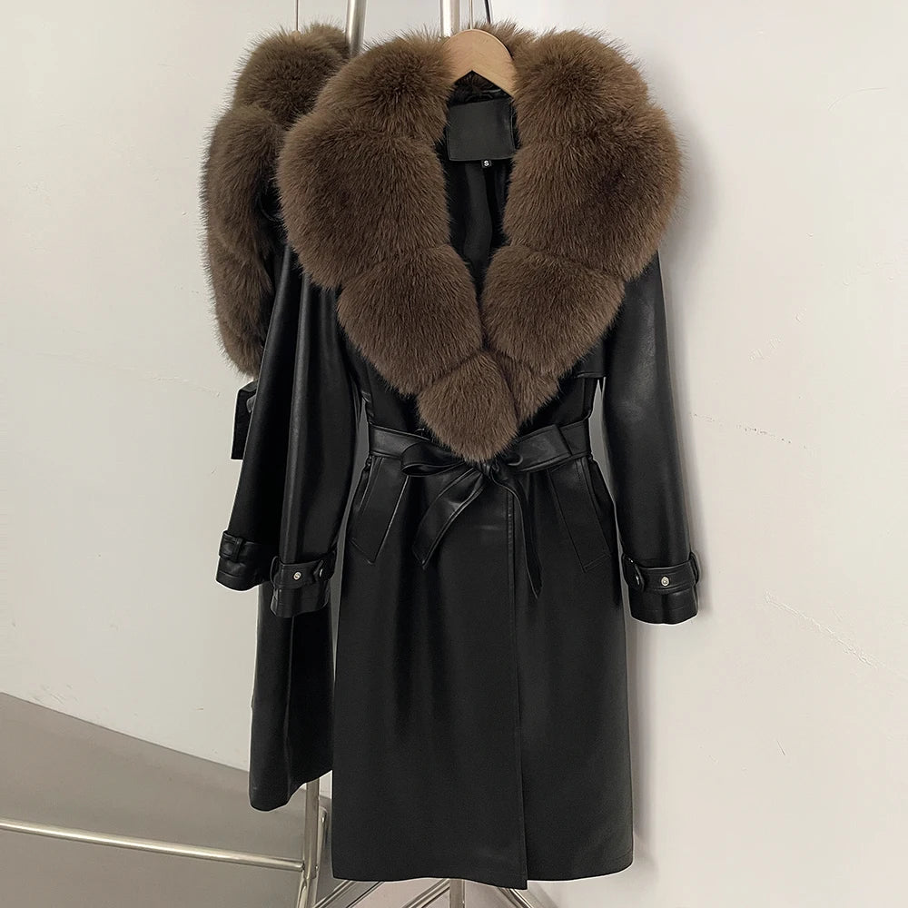 OFTBUY Long Faux Leather Jacket with Faux Fur Collar New Autumn Winter Clothes Women Fashion Belt Pocket Coat Female Streetwear
