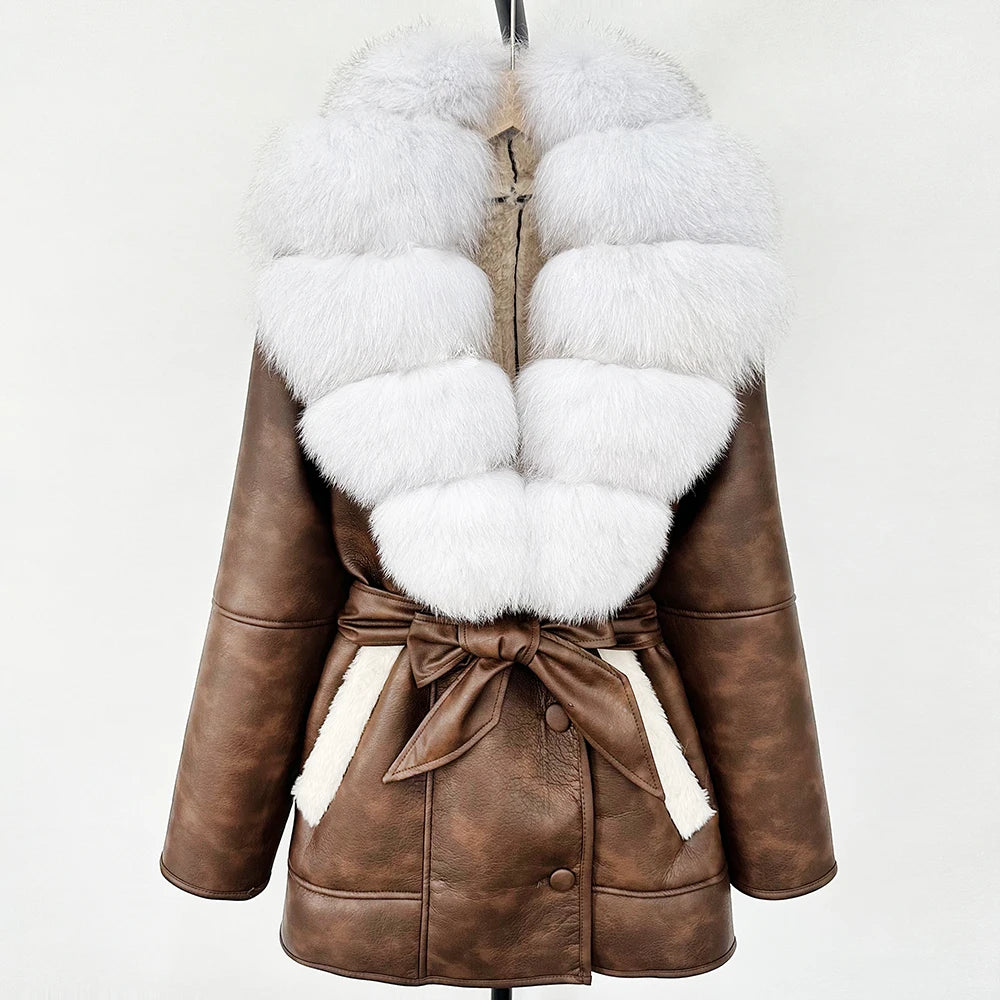 OFTBUY Large Natural Fox Fur Coat New Women Thick Warm Retro Faux Lamb Fur Jacket Belt Winter Female Parkas Outwear