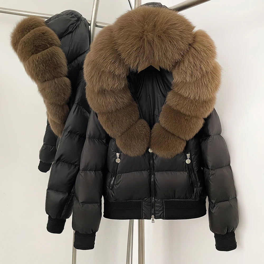 OFTBUY Hooded Thickened Warm Fluffy Puffer Jacket Women New Winter Real Fox Fur Top Clothing Natural Fur White Duck Down Coat
