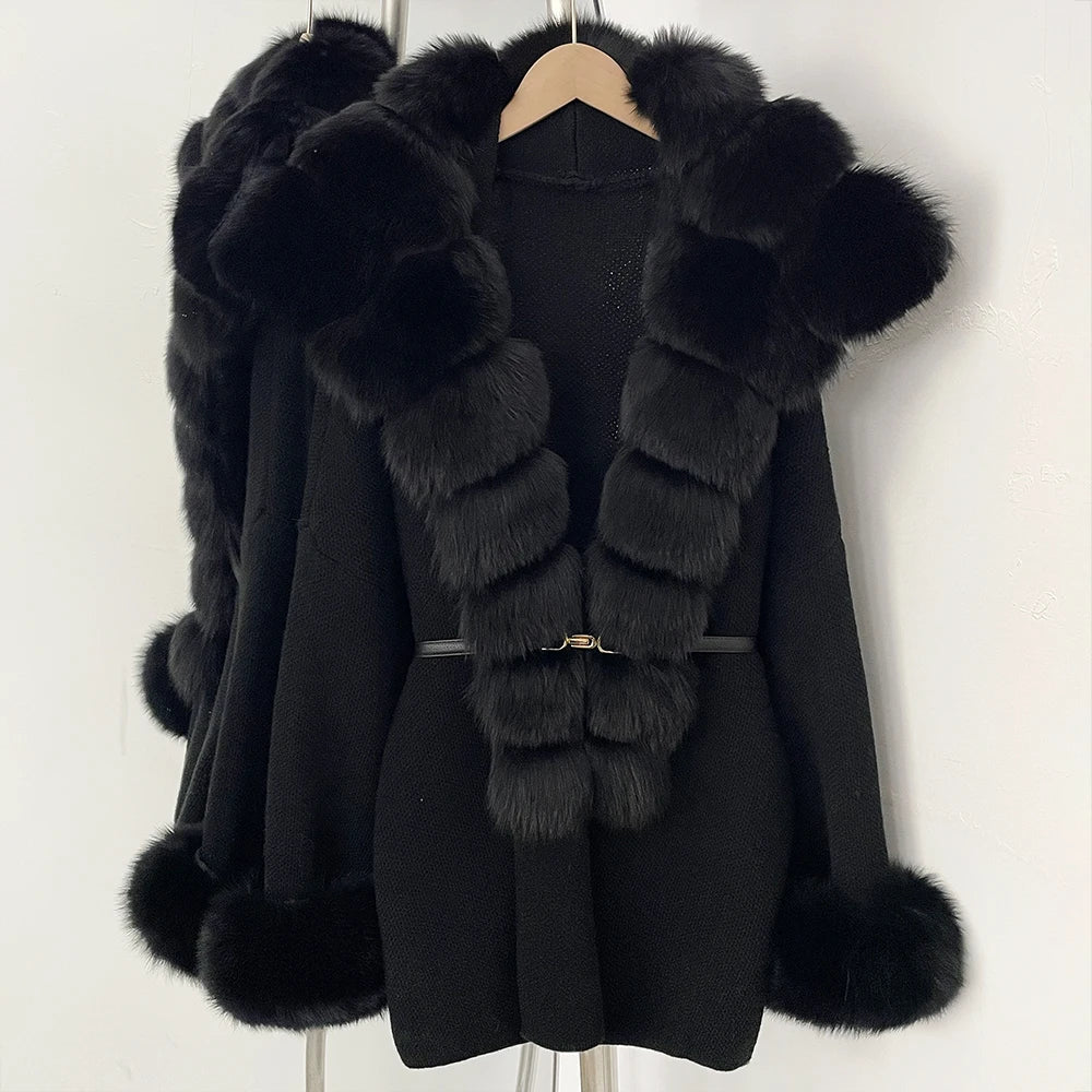 OFTBUY Belt Loose Fit Warm Winter Fashion Outerwear Natural Fur Sweater Female New Women's Knit Coat with Large Real Fox Fur