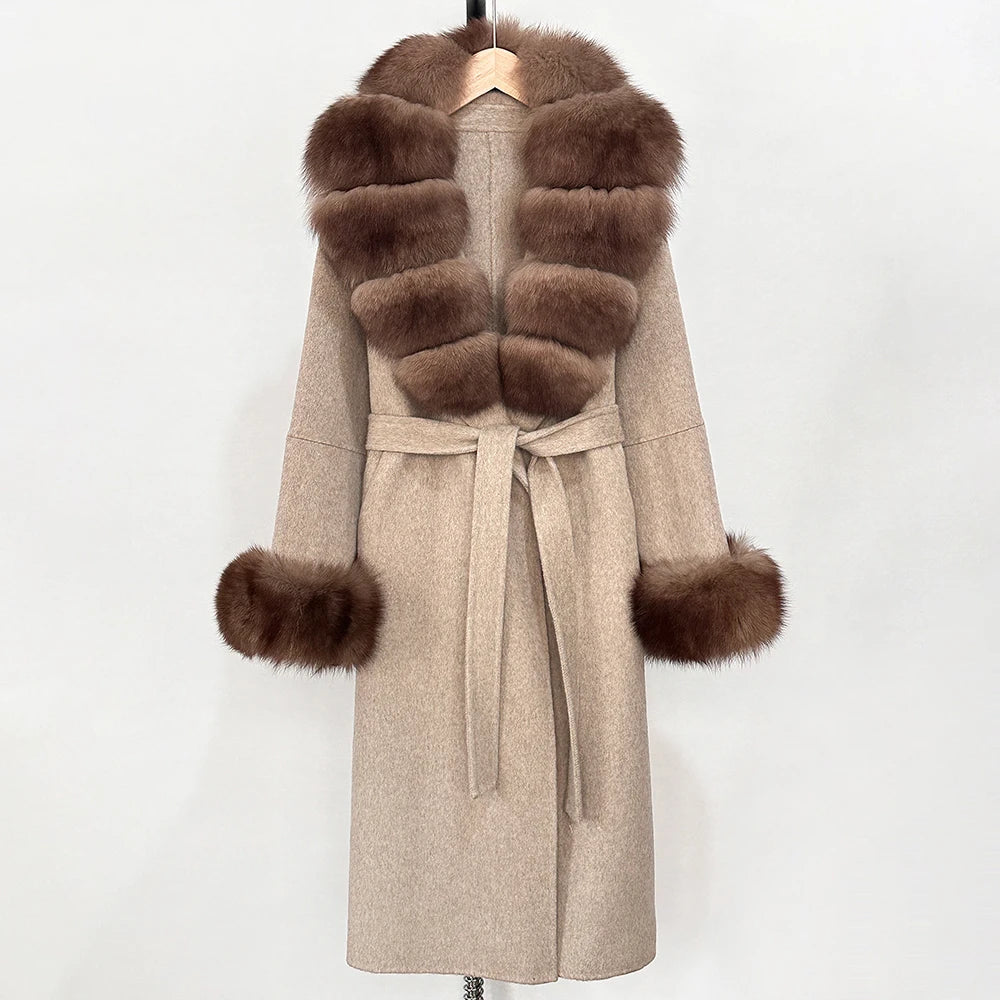 OFTBUY New Women's Double-Faced Wool Coat with Large Real Fox Fur Belted Warm Winter Luxury Fashion Outerwear Woolen Jacket Lady