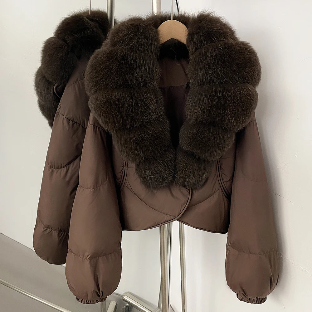 OFTBUY New Winter Real Fox Fur Short Puffer Jackets Women Natural Thick Warm 90% White Duck Down Cropped Loose Waterproof Coat