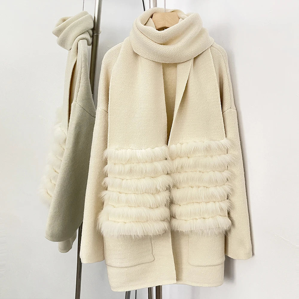 OFTBUY Elegant Cardigan Sweater New Women's Knit Coat with Real Fox Fur Loose Fit Pockets Warm Winter Fashion Cardigan Female