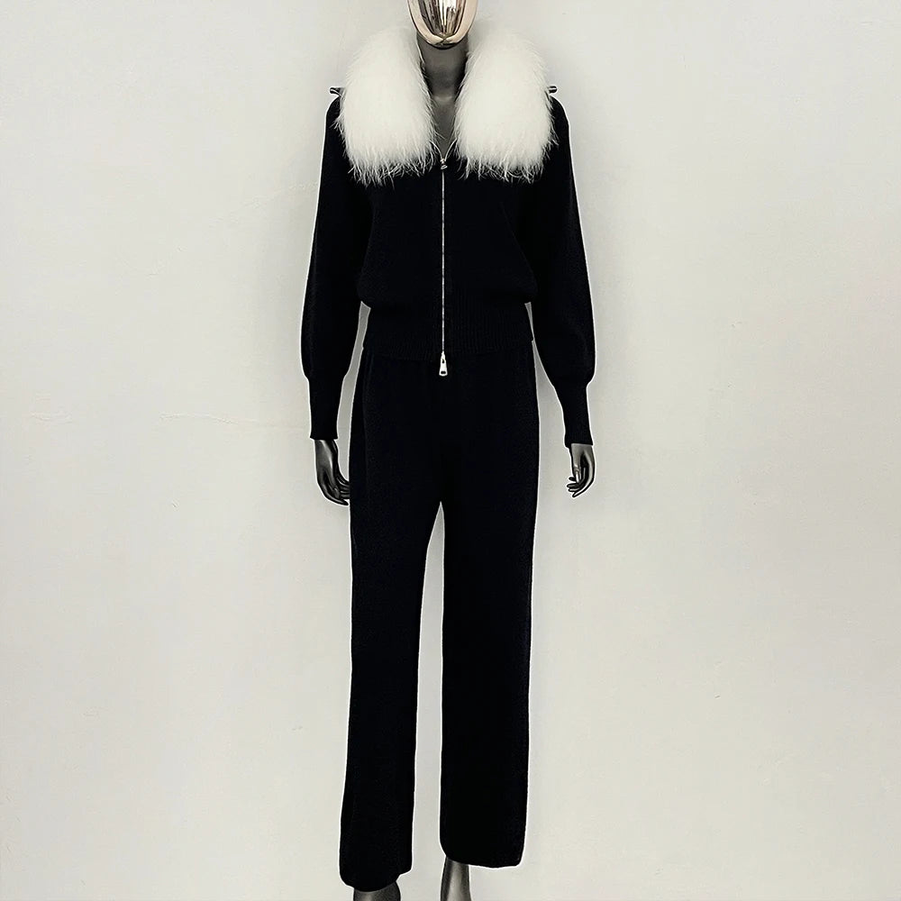 OFTBUY Winter New Women's Knitted Tracksuit Set with Fox Fur Collar Zipper Jacket Wide Leg Pants Luxury Casual Two-Piece Outfit