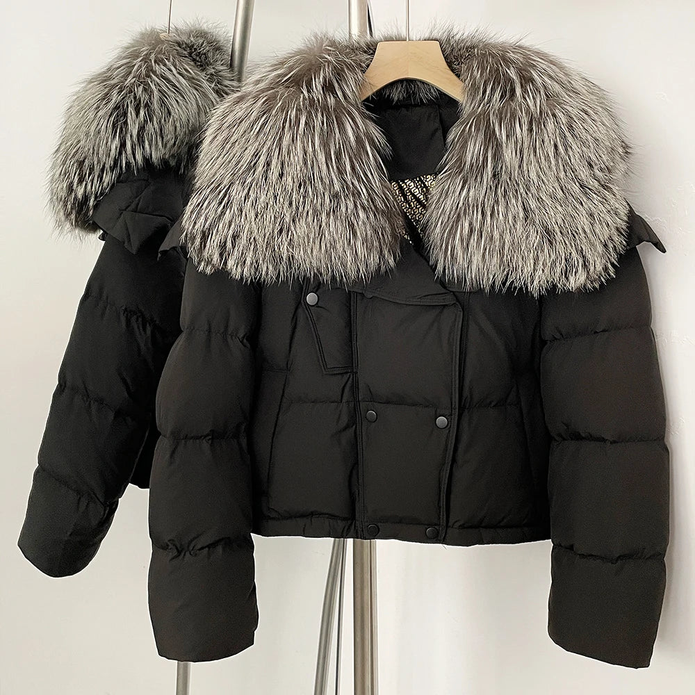 OFTBUY New Short Winter Clothing Women Thickened Warm Fluffy Raccoon Fur Puffer Jacket Female Real Fox Fur Collar Down Coat