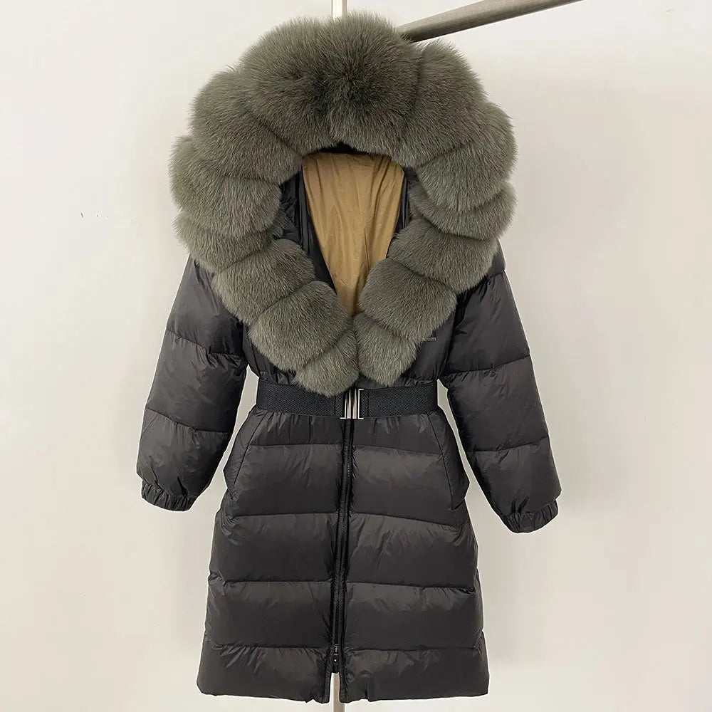 OFTBUY New Natural Thick Warm Duck Down Coat Female Long Winter Jacket Women Real Big Fox Fur Collar Belt Loose Puffer Parka
