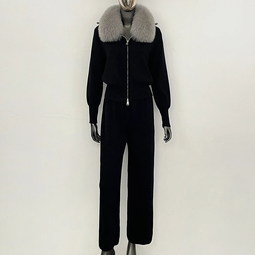 OFTBUY Winter New Women's Knitted Tracksuit Set with Fox Fur Collar Zipper Jacket Wide Leg Pants Luxury Casual Two-Piece Outfit
