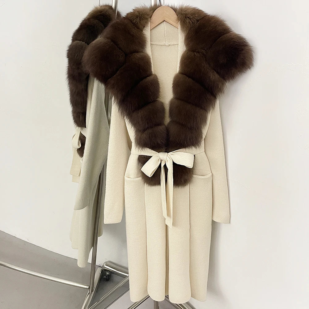 OFTBUY New Natural Fur Collar Long Knit Jacket Women Atrumn Winter Top Clothing Female Fashion Warm Belt Real Fox Fur Cardigan