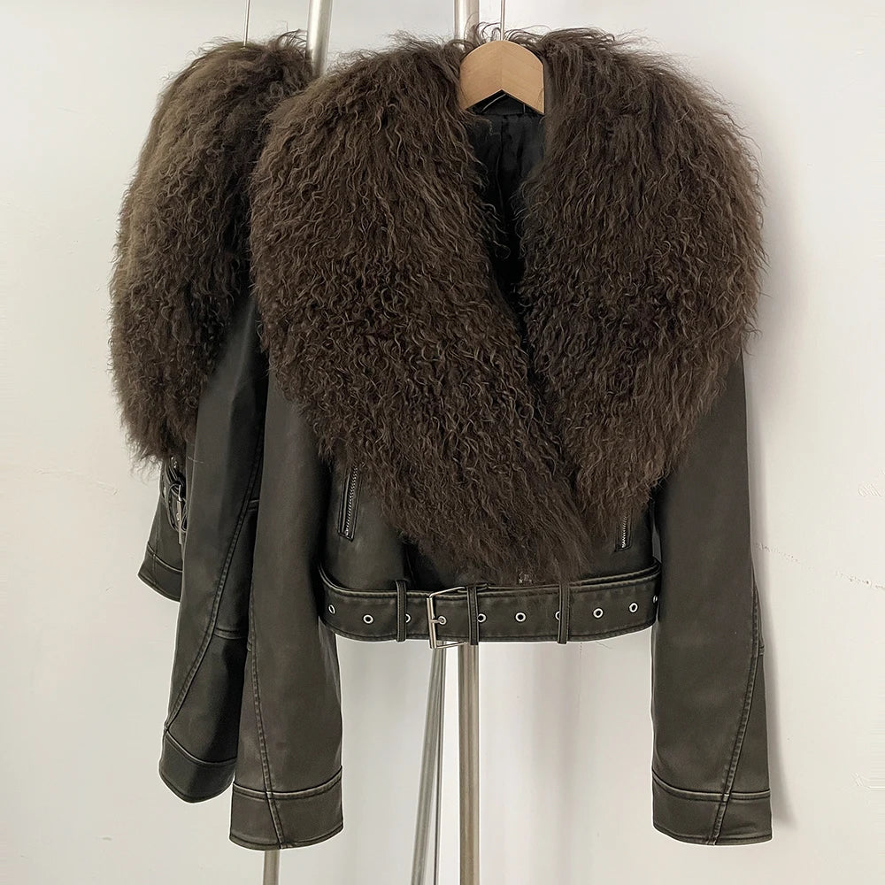OFTBUY New Autumn Winter Clothes Women Fashion Warm Short Faux Leather Jacket Female Luxury Real Mongolia Sheep Fur Collar Coat