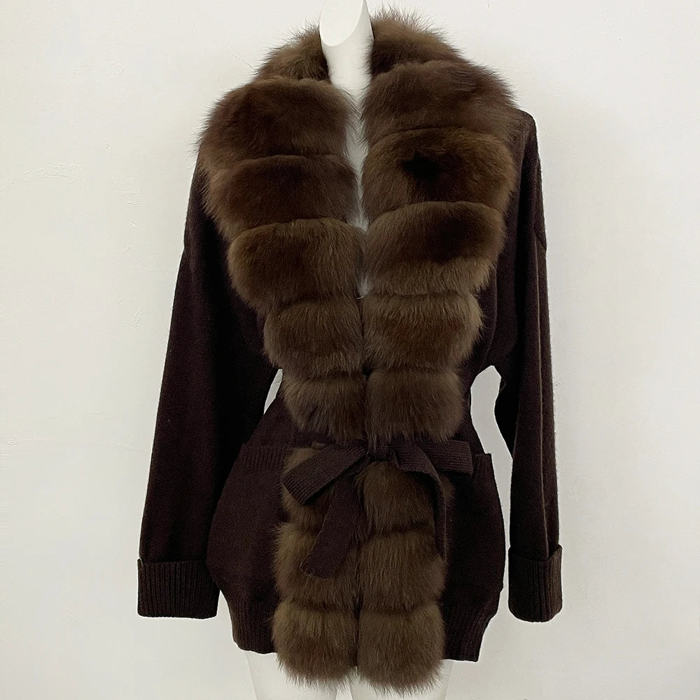OFTBUY Trim Belted Waist Warm Winter Luxury Fashion Outerwear Sweater Female New Women's Knit Cardigan with Large Real Fox Fur