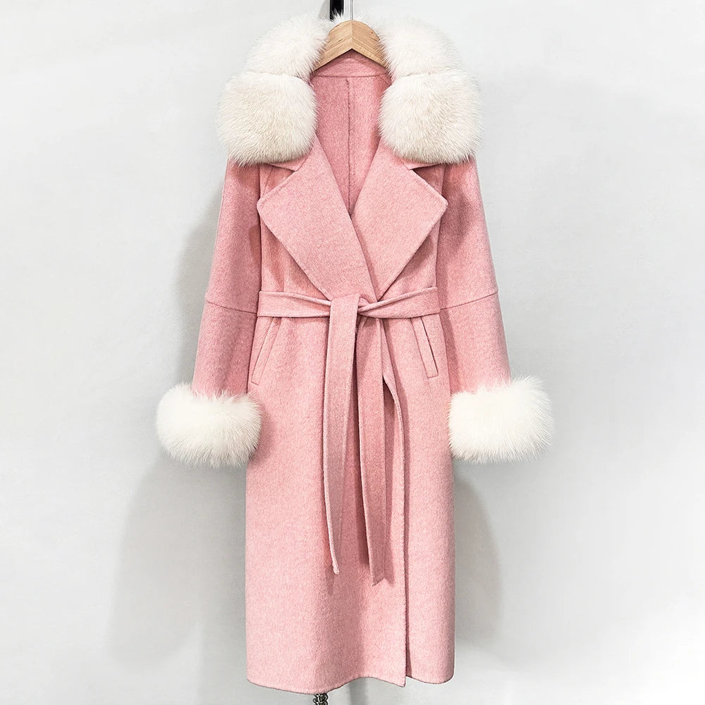OFTBUY Belted Long Warm Winter Elegant Fashion Outerwear New Women's Double-Faced Wool Coat with Real Fox Fur Collar and Cuffs