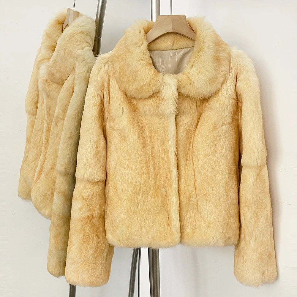 OFTBUY Cream Yellow Peter Pan Collar Real Rabbit Fur Cropped Jacket - Soft Solid Genuine Rabbit Fur Short Winter Coat