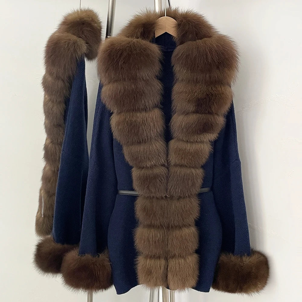 OFTBUY Belt Textured Knit Warm Winter Luxury Outerwear Female Sweater Cardigan New Women's Knit Coat with Large Real Fox Fur
