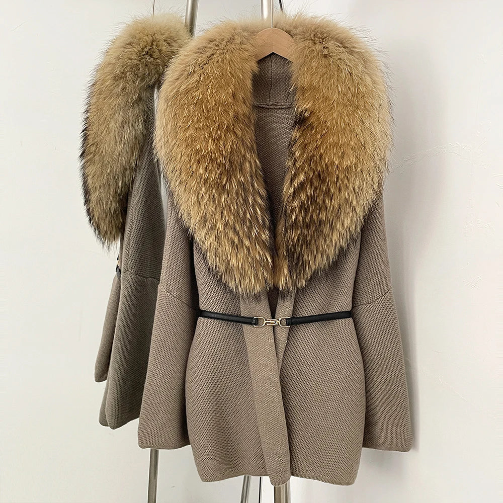 OFTBUY New Autumn Winter Luxury Fashion Outerwear Lady Women's Knit Coat with Large Real Fox Fur Collar Belt Textured Knit Warm
