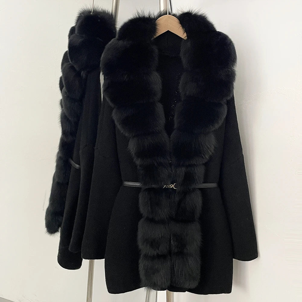 OFTBUY Metal Belt Knit Warm Winter Luxury Fashion Outerwear Sweater Cardigan New Women's Knit Coat with Full Real Fox Fur Front