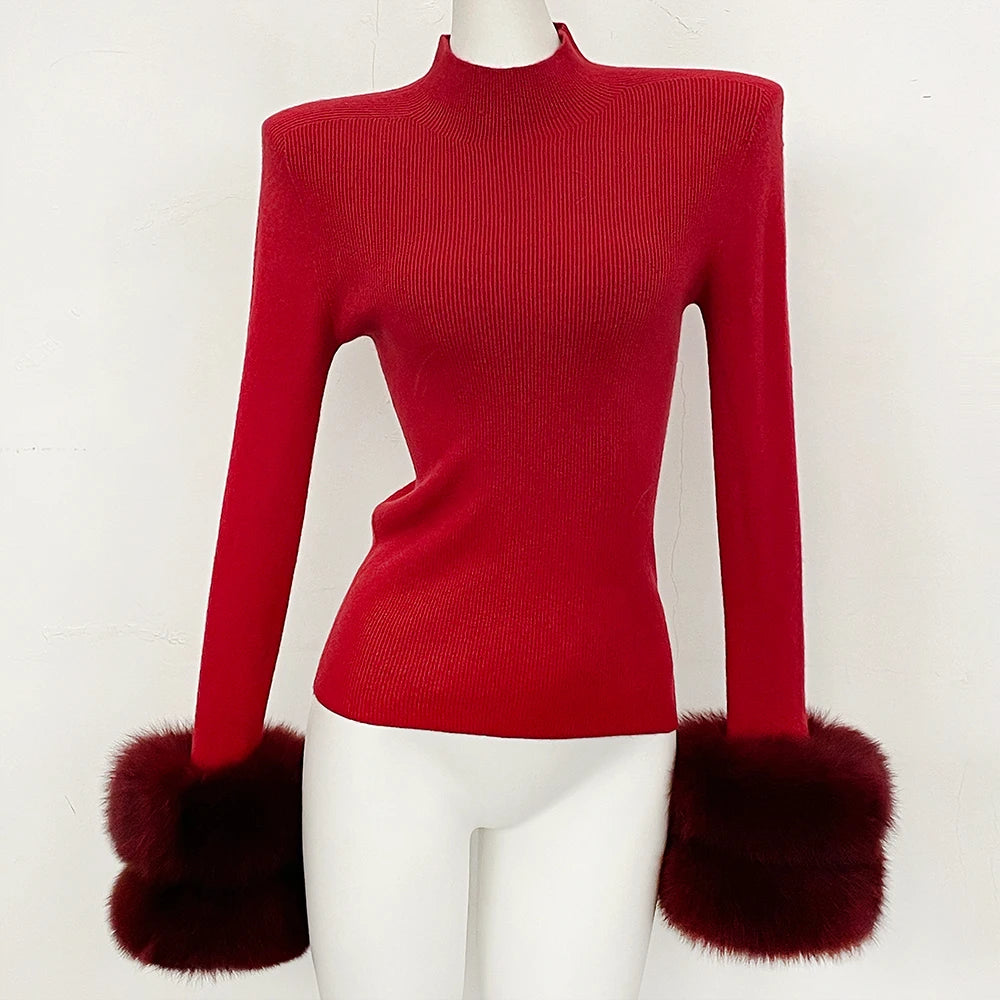 OFTBUY Luxury Mock Neck Ribbed Knit Top with Oversized 100% Real Fox Fur Cuffs