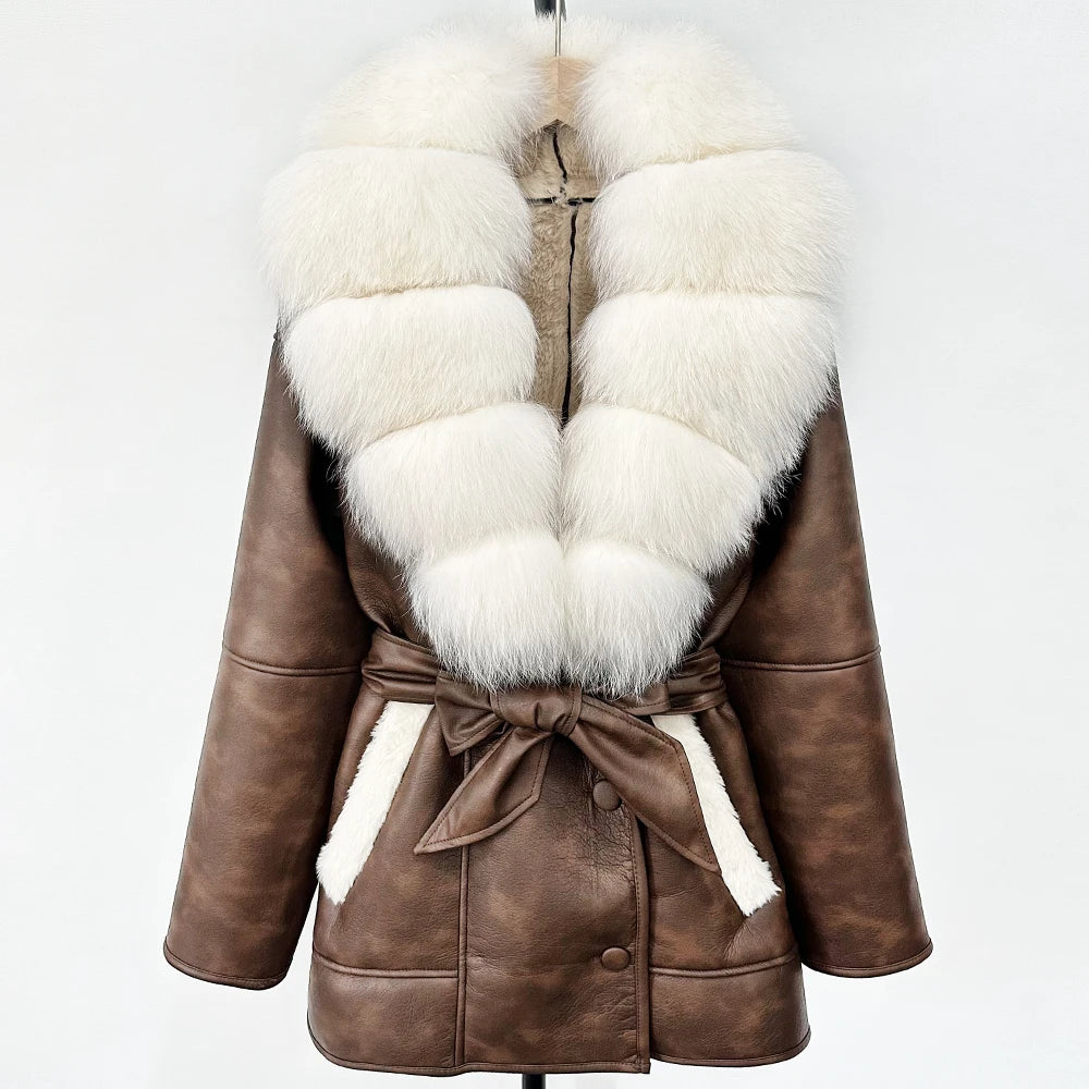 OFTBUY Large Natural Fox Fur Coat New Women Thick Warm Retro Faux Lamb Fur Jacket Belt Winter Female Parkas Outwear