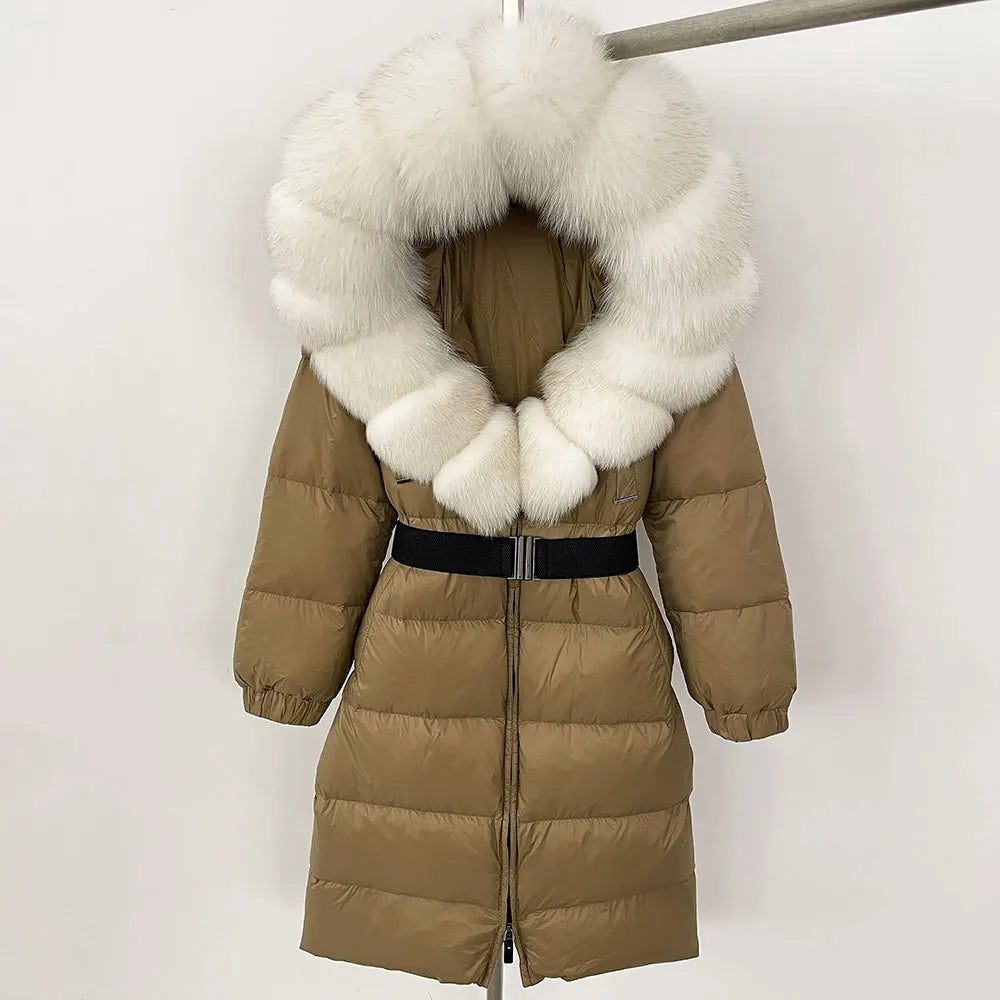 OFTBUY New Natural Thick Warm Duck Down Coat Female Long Winter Jacket Women Real Big Fox Fur Collar Belt Loose Puffer Parka